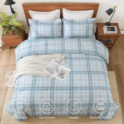 Andency Blue Plaid Comforter Set Queen, Gingham Checkered Grid Bedding Set