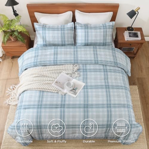 Andency Blue Plaid Comforter Set Twin, Gingham Checkered Grid Bedding Set