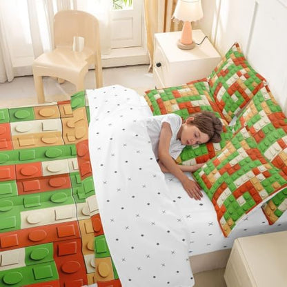 Feelyou Building Block Print 7 Piece Bedding Set King Size Kids Brick Styles Comforter Set with Sheets for Boys Teens Colorful Gaming Bed in a Bag Green Red Yellow Room Decor