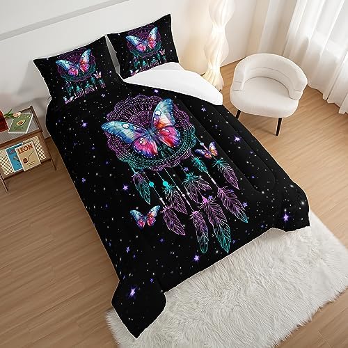 HOSIMA Dream Catcher Tween Bedding Sets for Girls,Butterfly Feather Dream Stories Comforter Set Kidcore Room Decor Aesthetic Galaxy Starry Black Comforter Full Size with 2 Pillowcases.