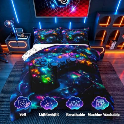 Feelyou Kids Gamer Comforter Set Queen Size, Galaxy Gaming Bedding Set Glitter Game Comforter Boys Girls Gamepad Teens Duvet Set Bedroom Decor Bed Set 3Pcs