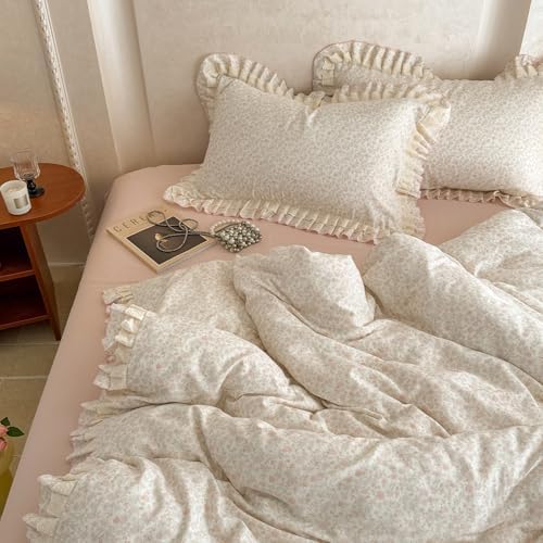 VM VOUGEMARKET Ruffle Duvet Cover Set Twin,Vintage Garden Floral Duvet Cover with 2 Pillow Shams,Double-Layer Gauze Cotton Bedding Set,Comfy,Breathable & Lightweight for Girls-68 x86