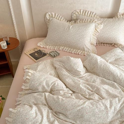 VM VOUGEMARKET Ruffle Duvet Cover Set Twin,Vintage Garden Floral Duvet Cover with 2 Pillow Shams,Double-Layer Gauze Cotton Bedding Set,Comfy,Breathable & Lightweight for Girls-68 x86
