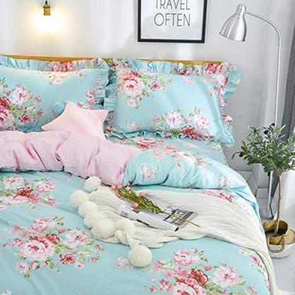 FADFAY Farmhouse Shabby Pink Floral Chic Bedding Set Rose Floral Bedskirt Set 100% Cotton Exquisite Craft Ultra Soft 4-Piece King Size