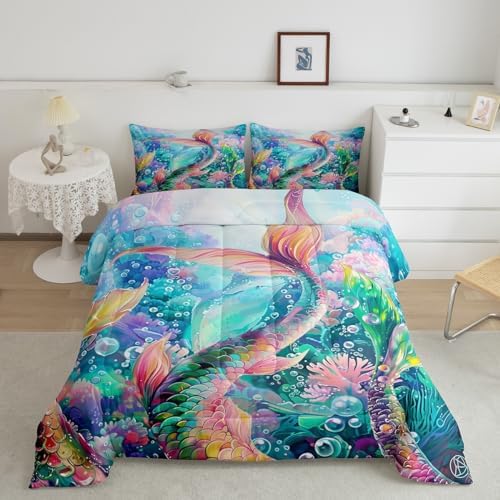 Mermaid Comforter Set Full Size 3 Piece Colorful Mermaid Tail Pattern Bedding Set for Girls Kids Home Decor,Ocean Animal Reversible All Season Quilt Underwater World Theme Duvet with 2 Pillowcases