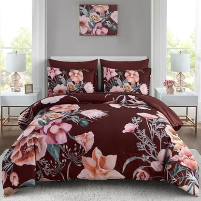 Luxudecor Burgundy Floral Comforter Set King Size 7 Piece, Flower Bed in a Bag, Elegant Comforter Bedding Set for All Season (Burgundy, 104"x90")