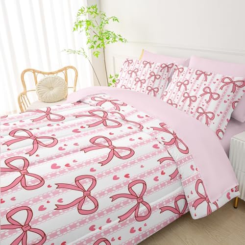 QOOMO Pink Bow 7 Pieces Comforter Set Twin,Love Bowknot Bedding Set