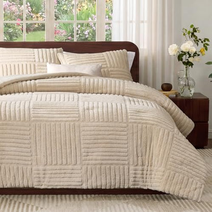 Plush Fleece Comforter Set with Stripe Jacquard Design, Creamy Beige, Queen
