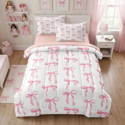 Pink Comforter Set for Girls Princess Bow Knot Bed Set Girly Bedding 5 Pieces Cute Ribbon Bow Decor for Teen Girls Room, Full Size