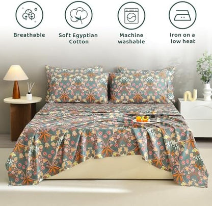QSH Floral Egyptian Cotton Sheets Set King Size, Luxury Silk Feel Paisley Botanical Flower Pattern Printed King Bed Sheets Sets Aesthetic Soft and Breathable 4pcs Deep Pockets Bedding Sheets