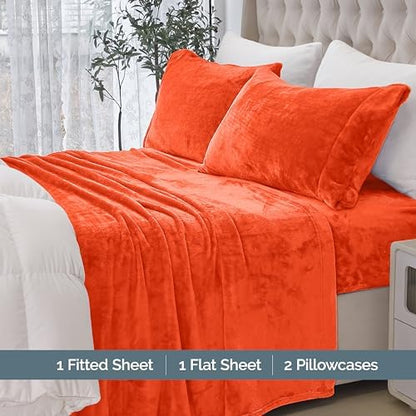 Elegant Comfort Luxuriously Soft 4-Piece Velvet Plush Flannel Sheet Set - Premium Quality - Cozy Warm, Anti-Static, Non Pilling Fuzzy Velvet Flannel Fleece Deep Pocket Sheet Set - Queen, Orange