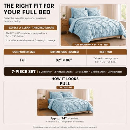 HIMEET Full Size Comforter Set Light Blue - 7 Pieces Pintuck Bed in a Bag