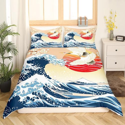 Feelyou Japanese Wave Bedding Set King Size Kids Cherry Blossoms Comforter Cover Set for Boys Girls Teens Red Sun Hokusai Pattern Home Decor Duvet Cover Japanese Style Bedspread Cover