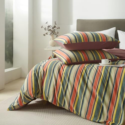 mixinni Twin XL Size Comforter Set 3 Pieces, Vintage Colorful Striped Washed Cotton Reversible Comforter with 2 Pillowcases, All Season Lightweight Bedding for Women & Men, Retro Mid-Century Style