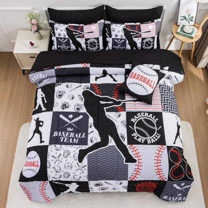 A Nice Night Sports Baseball Comforter Twin Bedding Set for Boys,Black