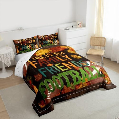 American Football Comforter Set Fall Maple Leaves Quilt Set 3pcs Brown Rustic Farmhouse Wooden Board Bedding Set for Kids Teens Adults Room Decor Soccer Sports Game Duvet Insert Queen Size