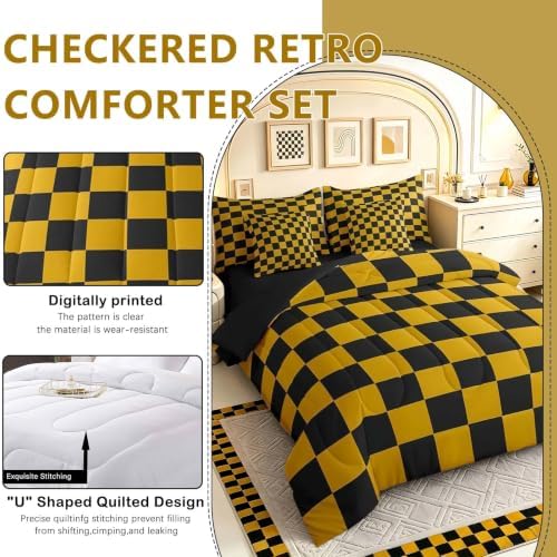Feelyou Checkered 7 Piece Bedding Set Teen Yellow Black Plaid Comforter Set with Sheets Full Size Kids Boys Cute Retro Neutral Checkerboard Geometric Bed in a Bag Vintage Aesthetic Room Decor