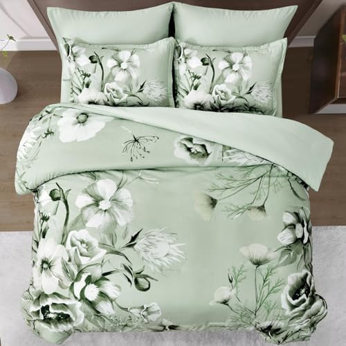 Luxudecor Floral Comforter Set Queen Size 7 Piece, Sage Green Flower Bed in a Bag, Elegant Floral Comforter with Sheet Set, Soft Seersucker Microfiber Bedding Set (Sage Green, 90"x90")