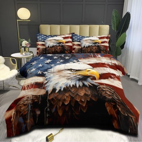 CCoutueChen American Flag Comforter Bedding Set Full Size Retro Eagle Decorative Comforter Set Wildlife Animal Bird Down Comforter 3Piece Soft Lightweight Quilt Set with 2 Pillowcases