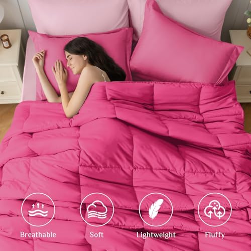 JOLLYVOGUE Full Comforter Set, Ultra-Soft Bed in a Bag Full Size 7 Pieces, Oeko-TEX Certified Bedding Set with Down Alternative Comforter, Sheets, Pillowcases & Shams, Hot Pink & Baby Pink