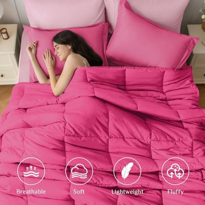 JOLLYVOGUE Full Comforter Set, Ultra-Soft Bed in a Bag Full Size 7 Pieces, Oeko-TEX Certified Bedding Set with Down Alternative Comforter, Sheets, Pillowcases & Shams, Hot Pink & Baby Pink