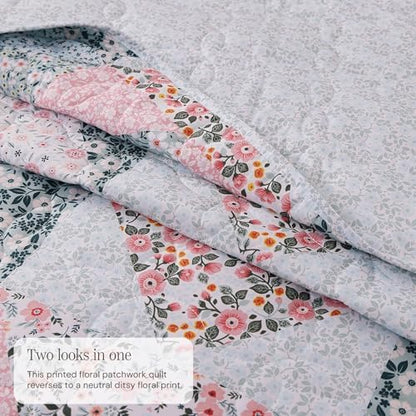 Queen Quilt Set-3 Pieces Soft Bedding Lightweight Floral Patchwork Coverlet
