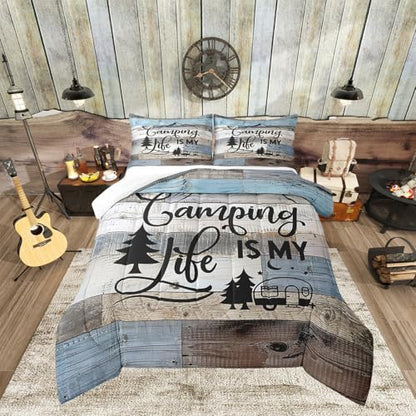 Manfei Camping Comforter Set Queen Size, RV Trailers Camper Bedding Set for Kids Boys Girls Room Decor, Grey Blue Wooden Adventure Theme Down Comforter, Rustic Farmhouse Duvet Insert, 2 Pillowcases