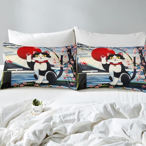 Feelyou Kids Lucky Cat Duvet Cover Twin Size Cherry Blossoms Bedding Set Boys Girls Japanese Style Comforter Cover Set Cute Kawaii Cat Animal Pattern Sakura Flower Bedspread Cover（No Comforter
