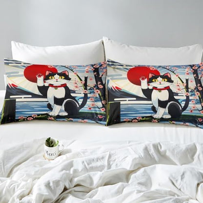 Feelyou Kids Lucky Cat Duvet Cover Twin Size Cherry Blossoms Bedding Set Boys Girls Japanese Style Comforter Cover Set Cute Kawaii Cat Animal Pattern Sakura Flower Bedspread Cover（No Comforter