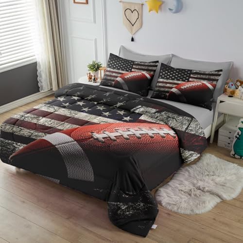 American Football Comforter Set for Boys Teens,Kids Sports Bedding Set Twin Size,USA Flag Football Printed Bedroom Sets with 2 Matching Pillow Shams
