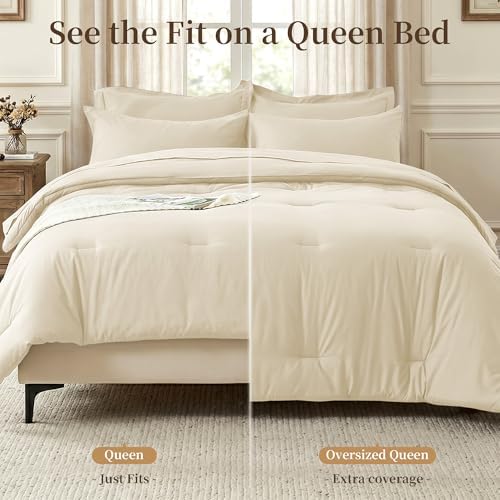 Oversized Queen Comforter Set 7 Piece - Soft Bed in a Bag Queen Size Comforter Sets, Cozy Bedding Sets with All Season Comforter, Flat Sheet, Fitted Sheet,2 Pillowcases & 2 Shams, Beige