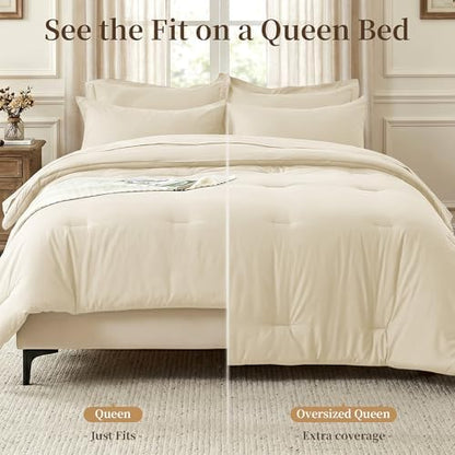 Queen Comforter Set 7 Piece with Lightweight Comforter, Beige