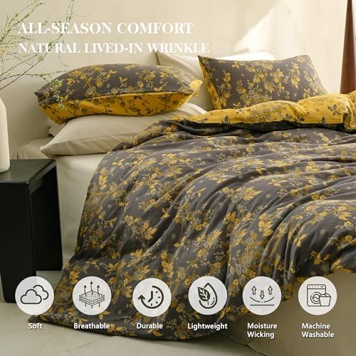 Simple&Opulence Muslin Duvet Cover Set Queen Size, 100% Washed Cotton 3 Pieces Yarn-Dyed Vintage Grey Floral Jacquard Textured Bedding, Soft & Breathable Gauze Comforter Cover with Zipper Closure