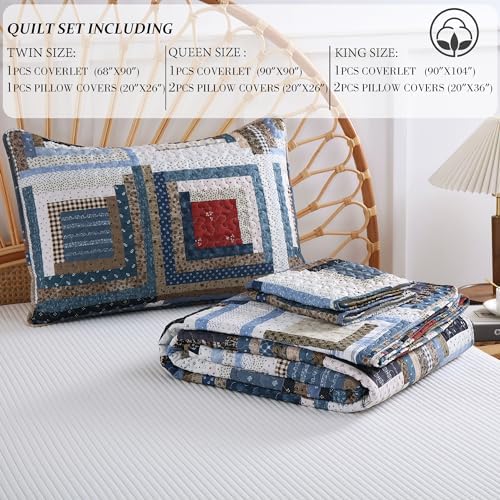 HIARUO Quilt Set Queen Size, 3 Pieces Bedspread Coverlet Plaid Patchwork Quilt Farmhouse Queen Size Comforter Set Lightweight Bedding with 2 Pillow Covers Shams for All Season Red Blue
