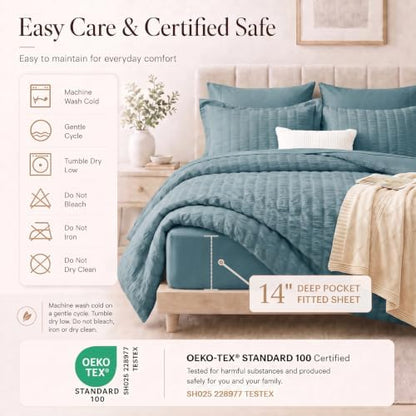 CozyLux California King Comforter Set, Mineral Blue Seersucker Bed in a Bag