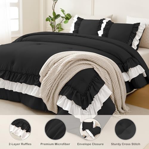 Masaca Ruffled King Comforter Set,Farmhouse Shabby Boho Chic Black and White Bedding Comforter Lightweight Ultra Soft Vintage French Country Bedding Set 3Pcs (1 Ruffle Comforter and 2 Pillowcases)