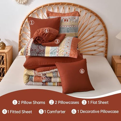 Cottolester Boho Queen Comforter Set,Red and Orange Striped Bed in a Bag