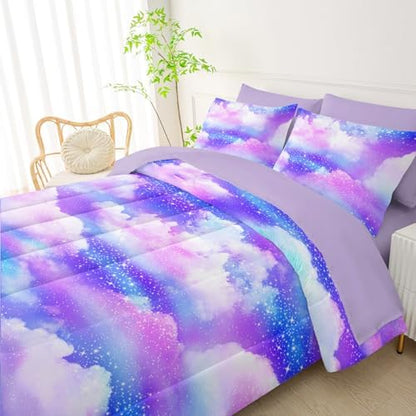 QOOMO Purple Clouds 7 Pieces Comforter Set Full Size,Galaxy Bedding Set