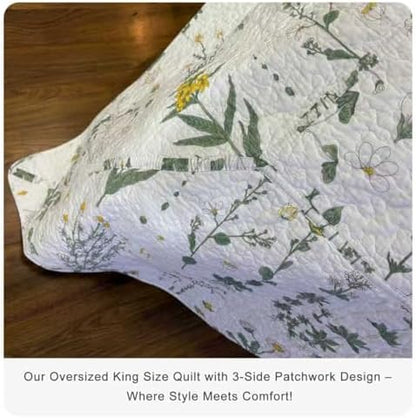 Lady Ann Oversized King Bedspreads 128x120, Cotton California King Quilt Bedding Set, Yellow Floral & Green Leaves Pattern Printed Cottagecore Coverlet Set Shabby and Chic Bedspread, 3 Pcs