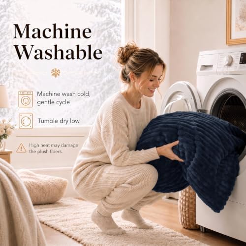CozyLux Fleece Full Size Comforter Sets, 3 Piece Warm Navy Blue Bedding