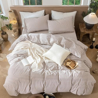MooMee Gingham Duvet Cover Set 100% Washed Cotton Linen Like
