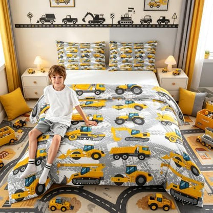 Castle Fairy Kids Truck Comforter Set Queen Size Bedding Sets for Boys Toddler Children Cute Excavator Tractor Comforter Set Construction Machinery Vehicles Duvet Set Baby Boys Vehicles Cars Bed Set