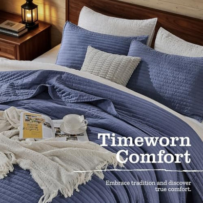 DOWN HOME Queen Quilt Bedding Set with Shams, Vintage Washed Soft Quilted Blanket Thin Comforter Lightweight Bedspread Coverlet Bed Cover, Brushed Microfiber Stripe Stitching, Vintage Denim, 86"x90"