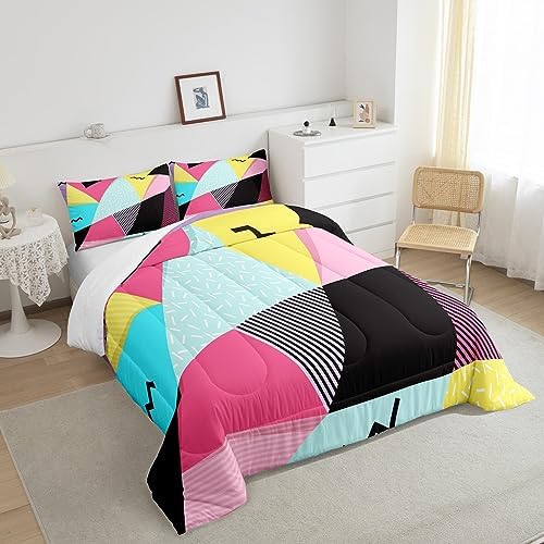 Manfei Memphis Comforter Set Full Size, Retro 80s 90s Fashion Style Quilt Set with 2 Pillowcases, Colorful Triangle Geometric Bedding Set 3pcs for Kids Boys Girls Lightweight Duvet Insert