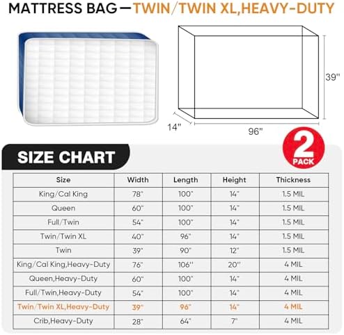 2 PK Twin XL/Twin Mattress Bags for Moving and Storage, Heavy-Duty 4 Mil Clear Plastic Mattress Cover for Moving, Super Thick Mattress Storage Bags