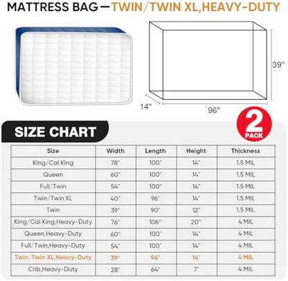 2 PK Twin XL/Twin Mattress Bags for Moving and Storage, Heavy-Duty 4 Mil Clear Plastic Mattress Cover for Moving, Super Thick Mattress Storage Bags
