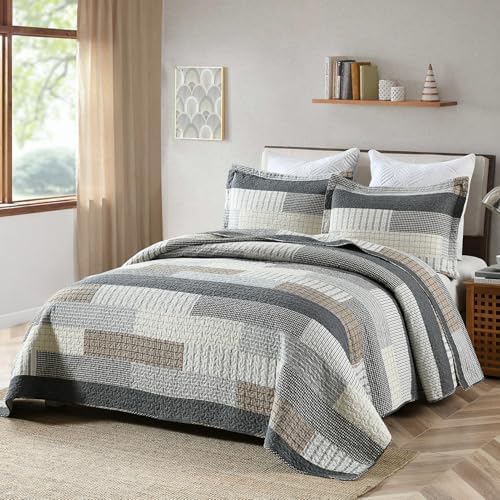 Y-PLWOMEN 100% Cotton King Size Quilt Farmhouse Striped 3-Pieces Bedding
