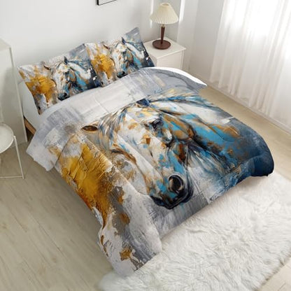 Nttopship Horse Canvas Comforter Set Full Size, 100% Soft Ultra-fine Fiber Four Season White Horse Comforter and 2 Pillow Case
