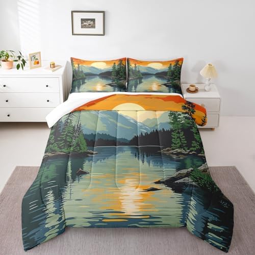 Happy Camping Comforter Set Twin Size,Lake House Adventure Theme Duvet Insert 2Pcs,Mountain River Vintage Bedding Set for Kids Teens Adults Room Decor,Sunset Natural Scenery Quilt Set,1 Pillowcase