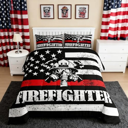 Manfei Firefighter Comforter Set Twin Size, American Flag Quilt Set with 1 Pillowcase, Firefighting Theme Bedding Set 2pcs for Kids Boys Teens Bedroom Decor Black White Red Duvet Insert